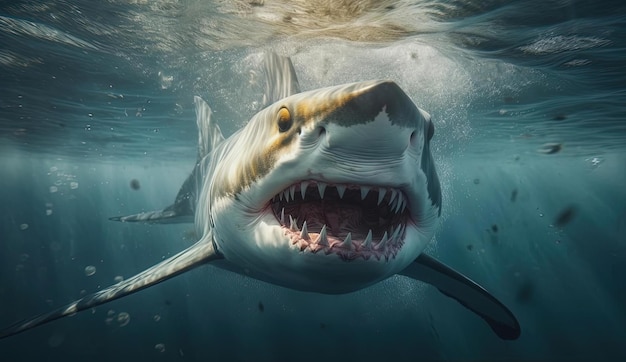 uno squalo con la bocca aperta sta nuotando nell'oceano