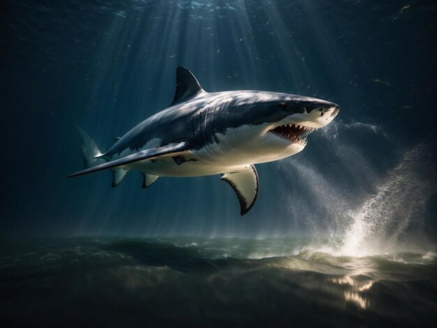 uno squalo con uno squalo nell'acqua e il sole che splende sulla sua faccia.
