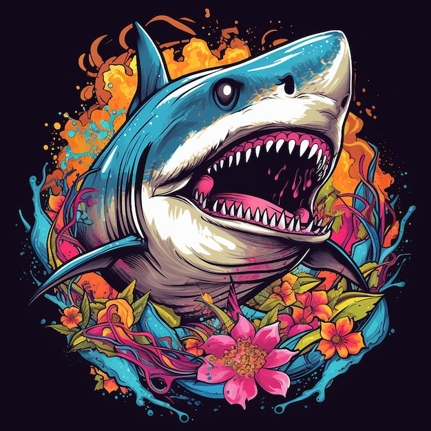 uno squalo con uno squalo su di esso e fiori sullo sfondo.
