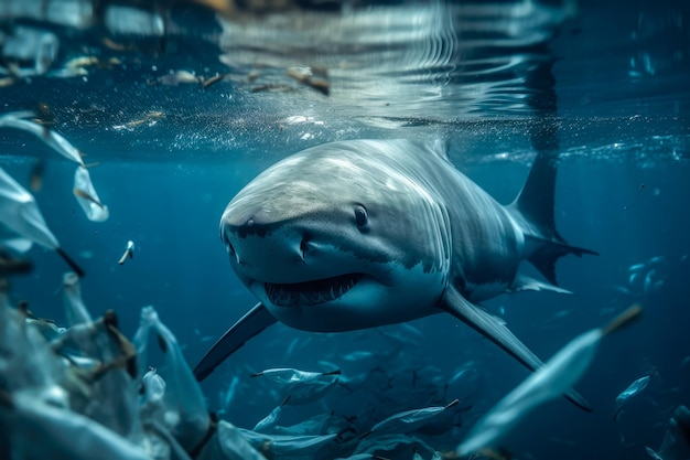 Uno squalo in acqua con la spazzatura sullo sfondo