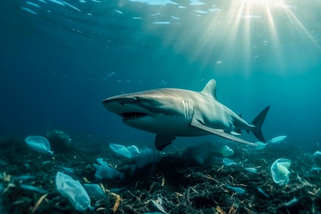 Uno squalo nuota nell'oceano con la spazzatura sullo sfondo.