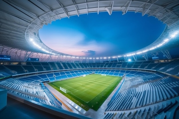 Uno stadio con un cielo azzurro e luci bianche