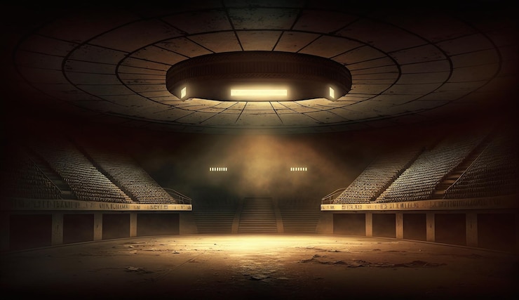 Foto uno stadio con una grande luce sul soffitto e una grande luce sul soffitto.