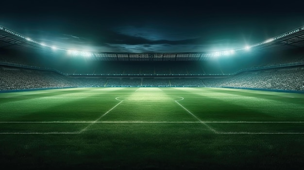 Uno stadio di calcio con un campo e luci sopra