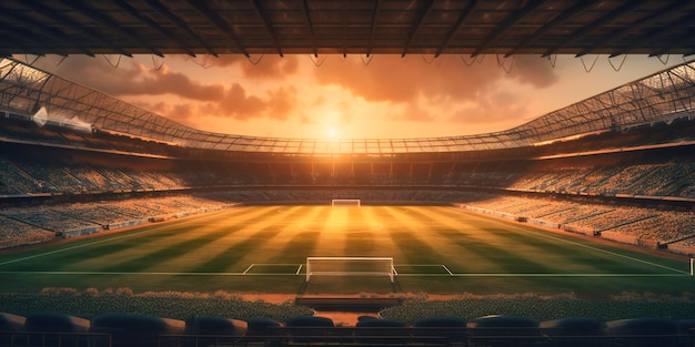 Uno stadio di calcio vuoto al tramonto