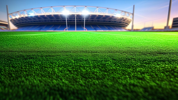 Uno stadio di rugby con uno stadio blu sullo sfondo.