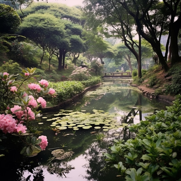 Uno stagno con fiori rosa e un ponte sullo sfondo