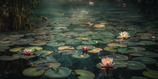 Uno stagno con ninfee e un fiore bianco al centro