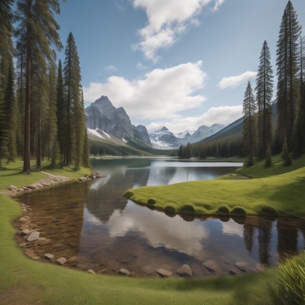 Uno stagno con una montagna sullo sfondo e un lago in primo piano.