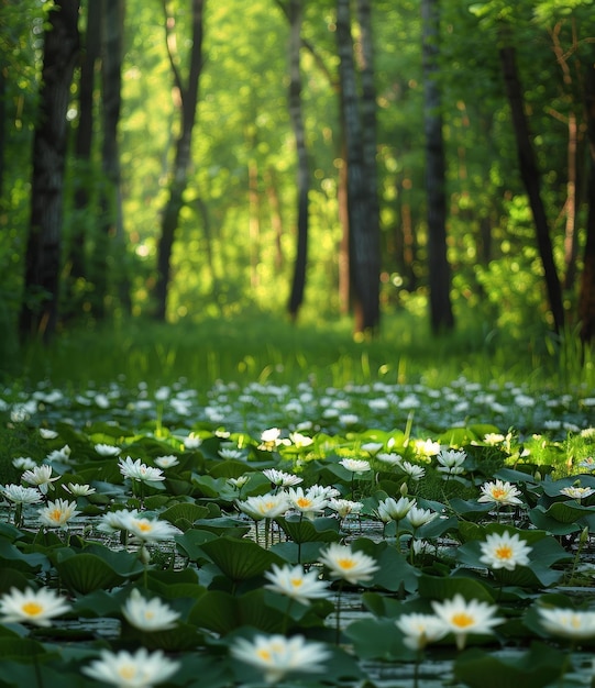 Uno stagno sereno con gigli d'acqua in fiore in una foresta