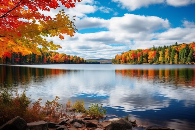 Uno stagno tranquillo circondato da colorate foglie d'autunno