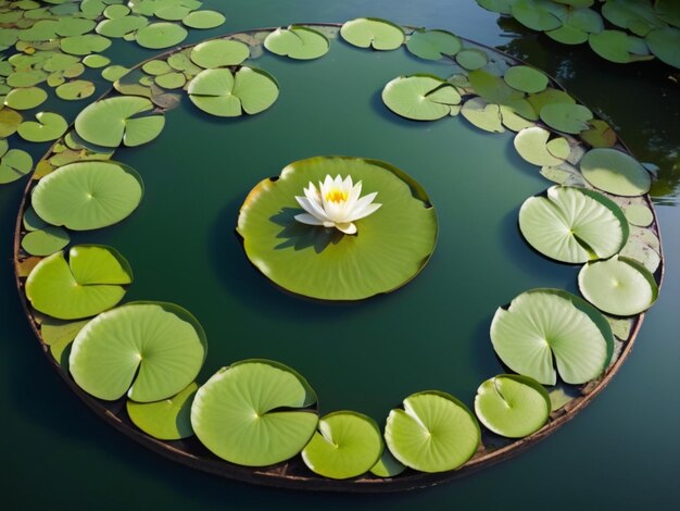 Uno stagno tranquillo con fiori di giglio verde galleggianti che formano una disposizione circolare