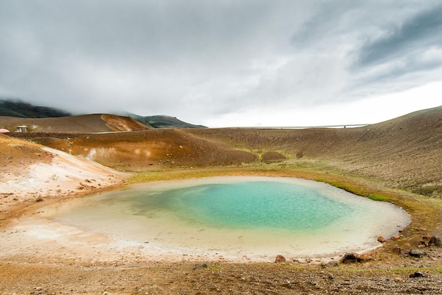 Uno stagno turchese in un'area minerale arancione vicino al Viti nell'area del vulcano Krafla in Islanda