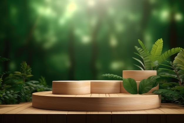 Uno stand di esposizione di prodotti in legno di fronte a uno sfondo di piante verdi