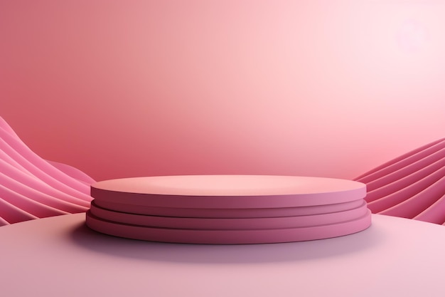 Uno stand di prodotti in carta rosa su uno sfondo rosa generato da AI