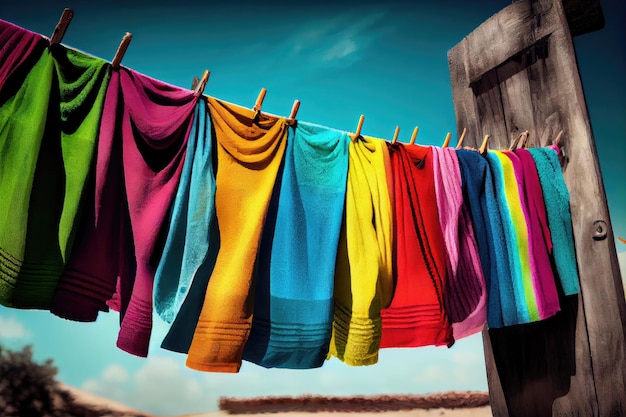Uno stendibiancheria con asciugamani colorati appena lavati stesi ad asciugare
