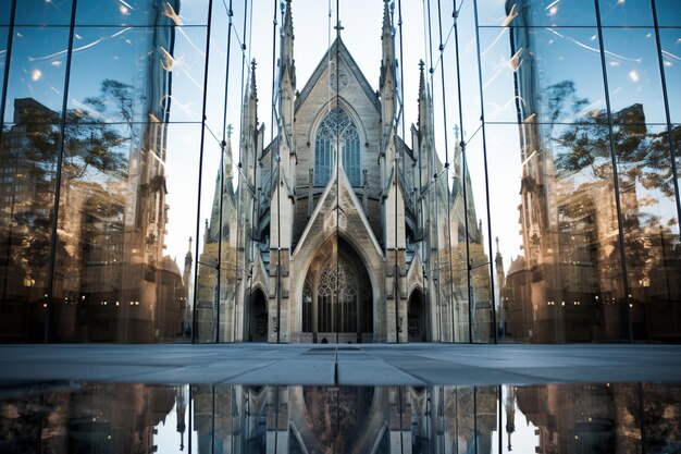 Uno stile contrastante dell'antica cattedrale riflesso nell'edificio di vetro moderno