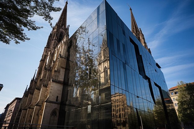 Uno stile contrastante dell'antica cattedrale riflesso nell'edificio di vetro moderno