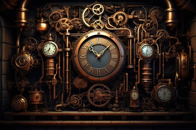 Uno stile steampunk con ingranaggi tubi e orologi stilizzato di una steampunk meccanica illustrazione 3D digital art design meccanismo orologio retrò stile steampunk