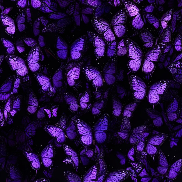 Uno stormo di farfalle di colore viola piccole e grandi sfondo nero arte generata dall'intelligenza artificiale