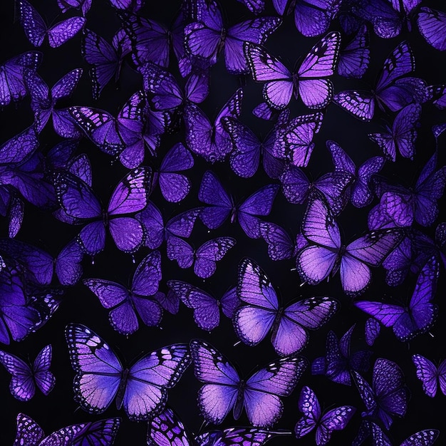 Uno stormo di farfalle di colore viola piccole e grandi sfondo nero arte generata dall'intelligenza artificiale