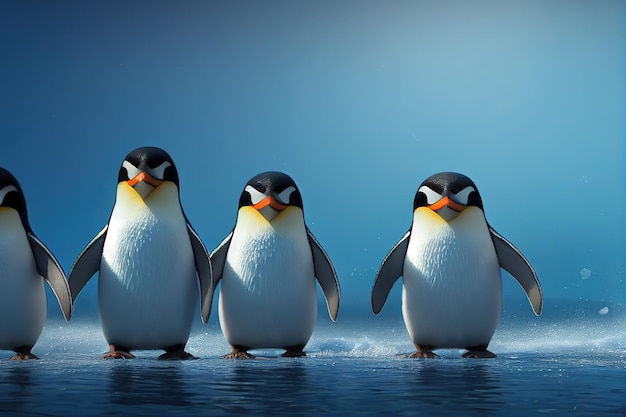 Uno stormo di pinguini si trova su una riva innevata vicino all'acqua sotto un'illustrazione 3d del cielo limpido