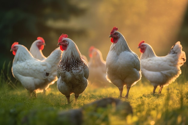 Uno stormo di polli si trova in un campo con il sole che splende su di loro.