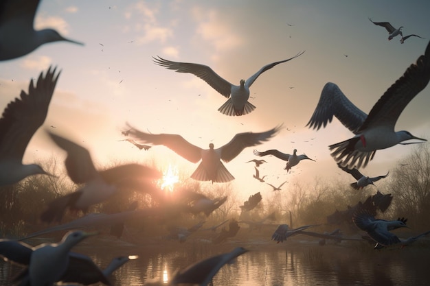 Uno stormo di uccelli che sorvolano un lago con il sole che tramonta dietro di loro.
