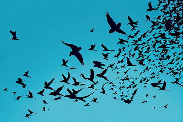 Uno stormo di uccelli che spicca il volo in un cielo azzurro e limpido