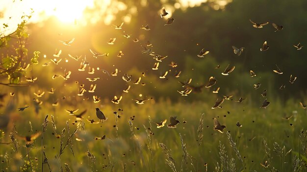 Uno stormo di uccelli che vola su un campo di erba alta al tramonto La calda luce del sole getta un bagliore dorato sulla scena