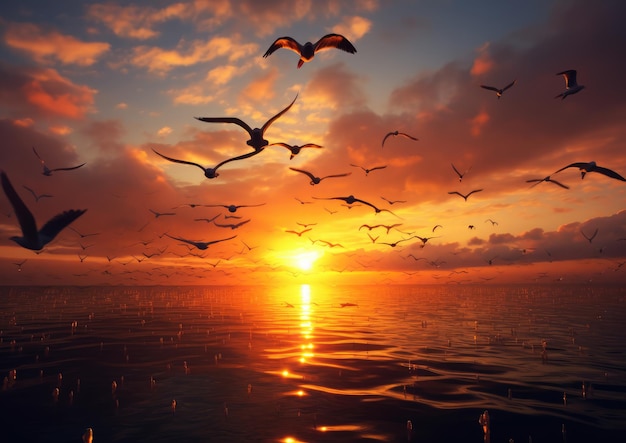 Uno stormo di uccelli che volano contro un cielo al tramonto