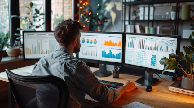 Uno stratega dei social media che osserva i dati di coinvolgimento in tempo reale con strumenti di IA che prevedono le tendenze virali su più monitor