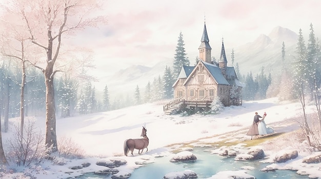 Uno stravagante paesaggio nordico disegnato a mano con un'atmosfera magica da fiaba resa in modo affascinante
