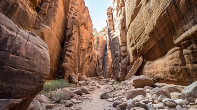 Uno stretto sentiero attraverso un canyon con una parete rocciosa sullo sfondo