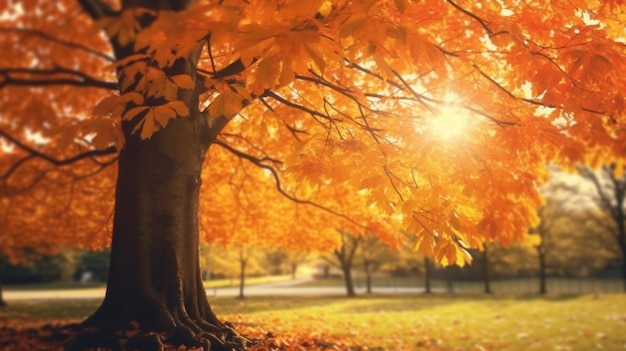 Uno striscione con foglie d'autunno in primo piano e un albero sul quale splende il sole