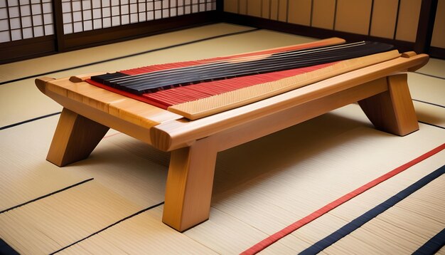 uno strumento tradizionale giapponese koto posto delicatamente su un tappetino tatami in una serena stanza tatami