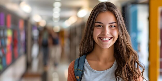 Uno studente allegro che trasuda positività in un corridoio scolastico abbracciando l'apprendimento con gioia Concept Education Positivity School Life Studente allegro Gioia di apprendimento