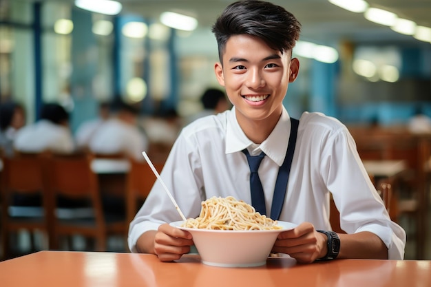 Uno studente asiatico sorridente delle scuole superiori in uniforme bianca sta mangiando deliziosi noodles gialli nella mensa della scuola