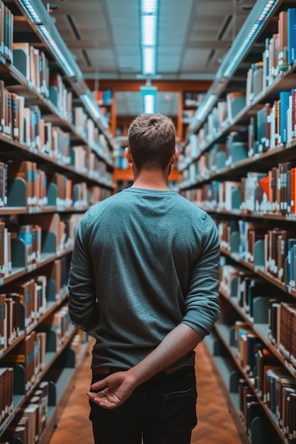 Uno studente che studia diligentemente in un angolo tranquillo della biblioteca del campus circondato da pile di libri