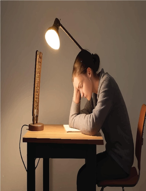 Uno studente curvo su una scrivania illuminata da un'unica lampada studia attentamente
