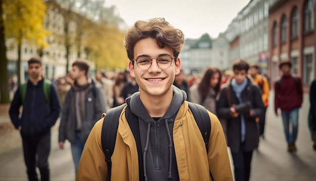 uno studente internazionale di 17 anni sorridente all'università in Germania
