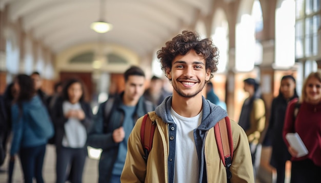 uno studente internazionale sorridente di 17 anni all'università in Germania