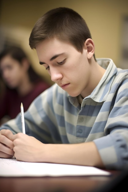 Uno studente maschio non identificabile che scrive appunti mentre è seduto in una classe creata con l'IA generativa