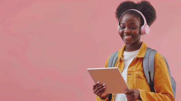 Uno studente nero che studia online con un zaino, una tablet, delle cuffie e uno studio rosa sullo sfondo. Banner spaziale libero e adolescente felice.