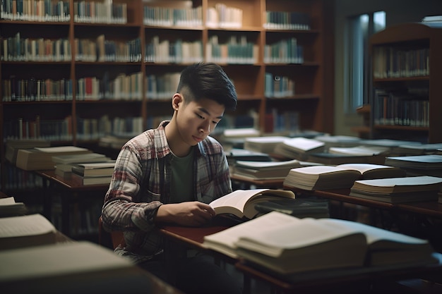 Uno studente siede in una biblioteca a leggere un libro