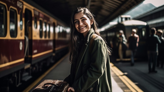 Uno studente sorridente con uno zaino alla stazione dei treni IA generativa