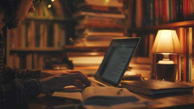 Uno studente sta studiando in una biblioteca a tarda notte è circondato da libri e ha il suo portatile aperto