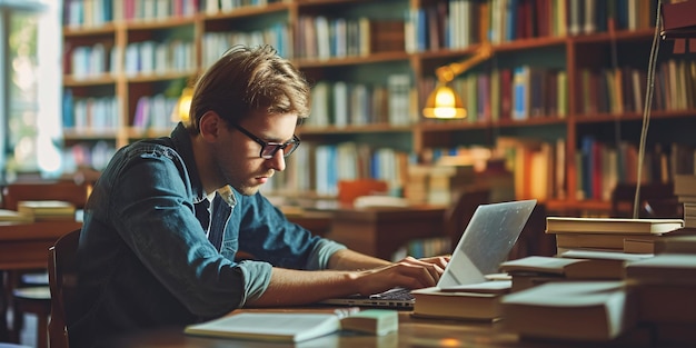 Uno studente studia in modo indipendente in biblioteca con il suo portatile e libri incentrati sull'istruzione e l'apprendimento autonomo