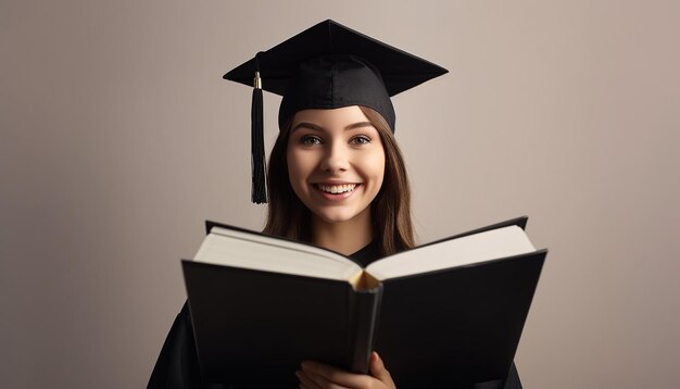 Uno studente universitario tiene un libro Graduazione e concetto di successo Servizio fotografico professionale