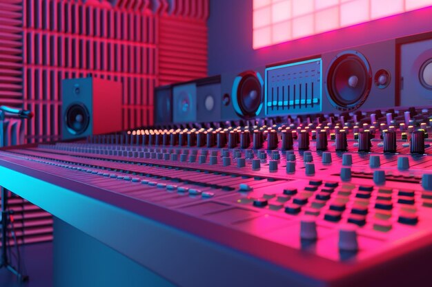 Uno studio colorato con un grande mixer e due altoparlanti